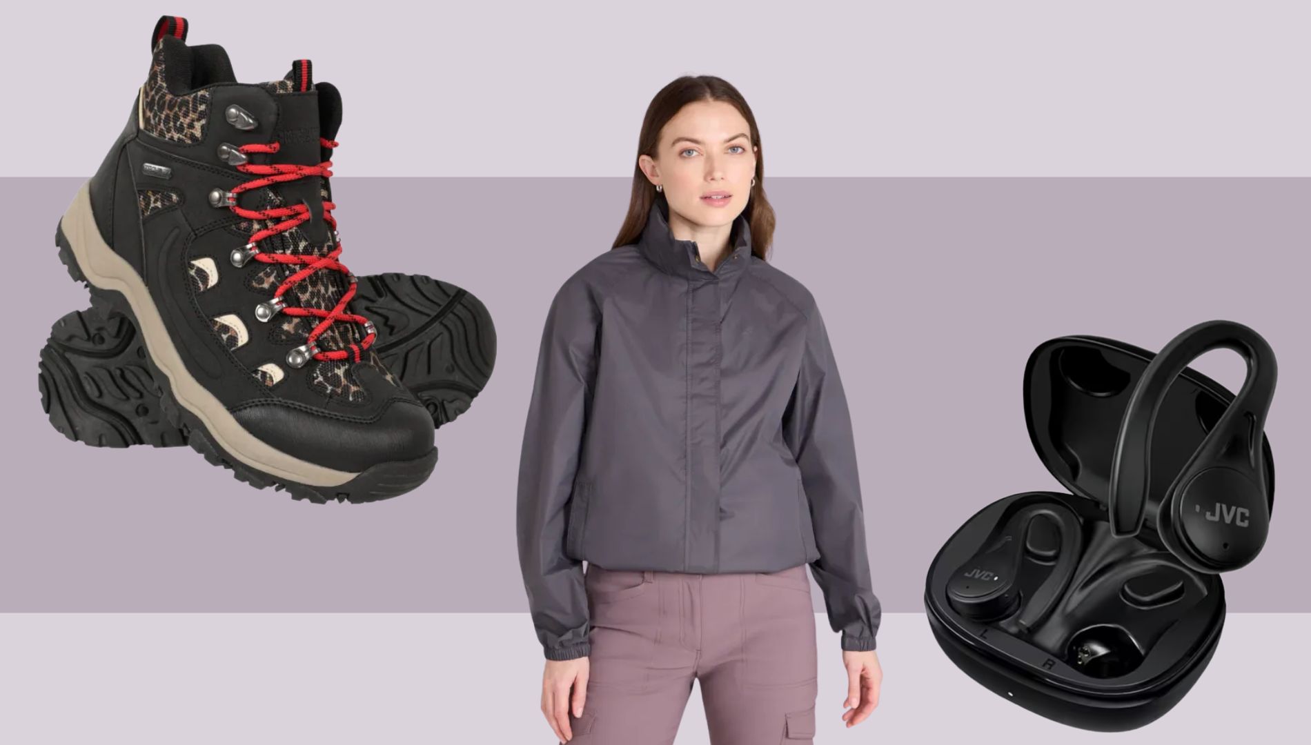 Walking essentials for winter, including waterproof boots, jacket, and headphones