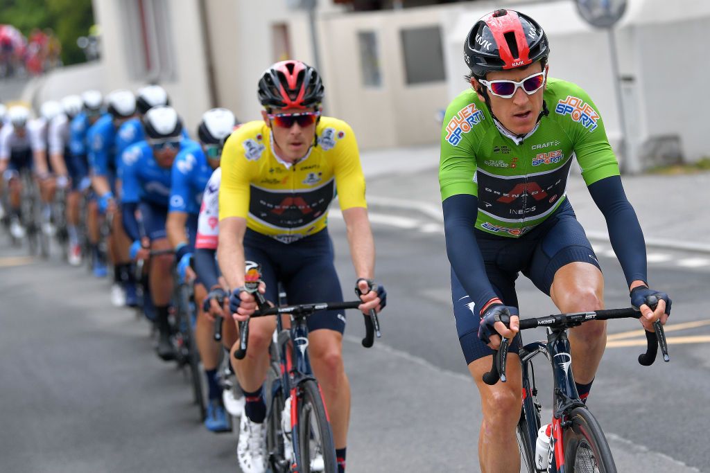 MARTIGNY SWITZERLAND APRIL 28 Geraint Thomas of The United Kingdom and Team INEOS Grenadiers Green Points Jersey during the 74th Tour De Romandie 2021 Stage 1 a 1681km stage from Aigle to Martigny TDR2021 TDRnonstop UCIworldtour on April 28 2021 in Martigny Switzerland Photo by Luc ClaessenGetty Images