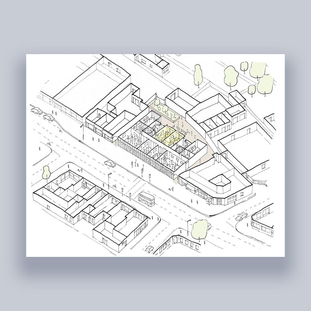 Hand drawn overview of a town with homes, streets and businesses.