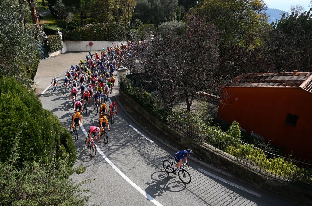 VENCE FRANCE FEBRUARY 19 A general view of the peloton competing during the 55th Tour Des Alpes Maritimes Et Du Var 2023 Stage 3 a 1318km stage from VillefranchesurMer to Vence tour0683 on February 19 2023 in Vence France Photo by Luc ClaessenGetty Images