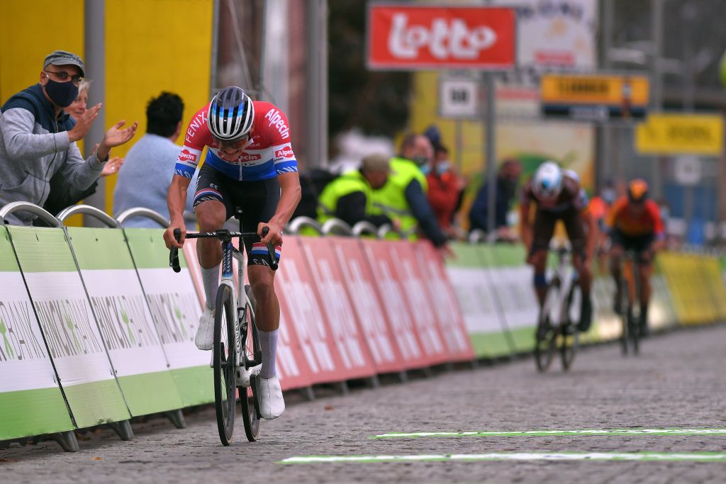 GERAARDSBERGEN BELGIUM OCTOBER 03 Arrival Mathieu Van Der Poel of The Netherlands and Team AlpecinFenix during the 16th BinckBank Tour 2020 Stage 5 a 1836km stage from Ottignies Louvain la Neuve to Muur van Geraardsbergen 108m BinckBankTour BinckBankTour on October 03 2020 in Geraardsbergen Belgium Photo by Luc ClaessenGetty Images