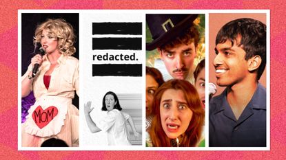 an image of four posters from the listed shows. From L-R they are: An A-Z Guide to Dating, REDACTED: The Cover-Up of a Cover-Up of a Cover-Up, Remember Remember, Tarang Hardikar
