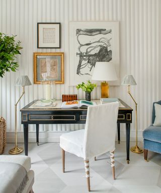 nancy meyers home office with striped walls and a cozy aesthetic with blue accents