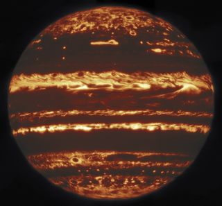  A full-disk view of Jupiter in infrared light, as seen by the Gemini Observatory on May 29, 2019.