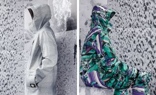 Left, a men's light grey ski outfit with a hood. Right, a men's camouflage ski outfit with a hood.