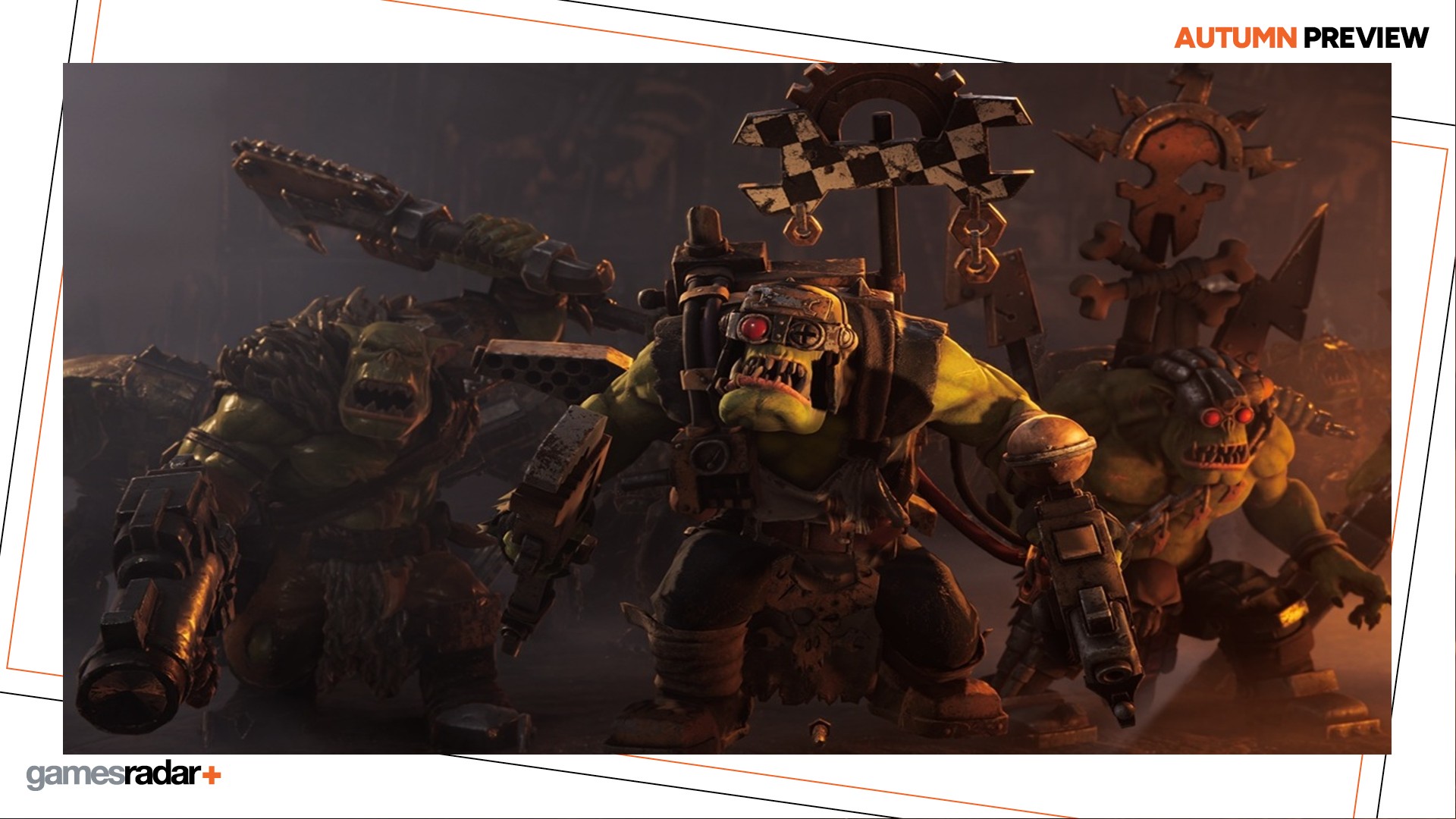 Warhammer 40,000 Dawn of War 4 screenshot showing armored orcs surrounded by the Autumn preview GamesRadar+ banner