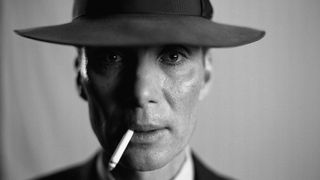 Oppenheimer (2023) starring Cillian Murphy, shot of the title character in black and white