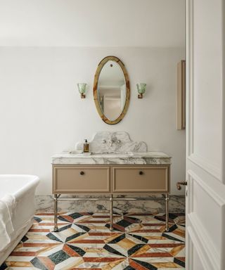 bathroom with colorful patterned marble flooring