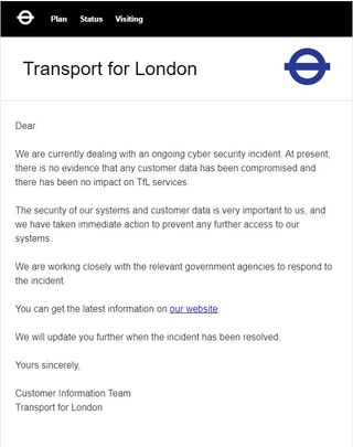 A Transport for London email sent to a customer disclosing the nature of the cyberattack.