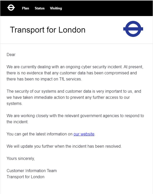 A Transport for London email sent to a customer disclosing the nature of the cyberattack.