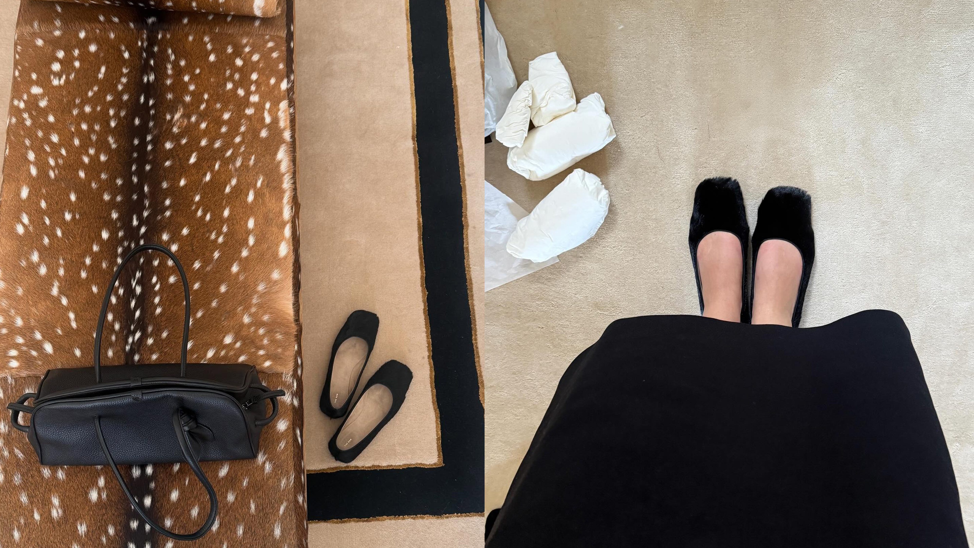 @christietyler wearing a black pair of The Row calf hair ballet flats.