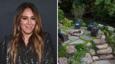 a split screen with haylie duff on the left and a picture of an outdoor entertaining area on the right