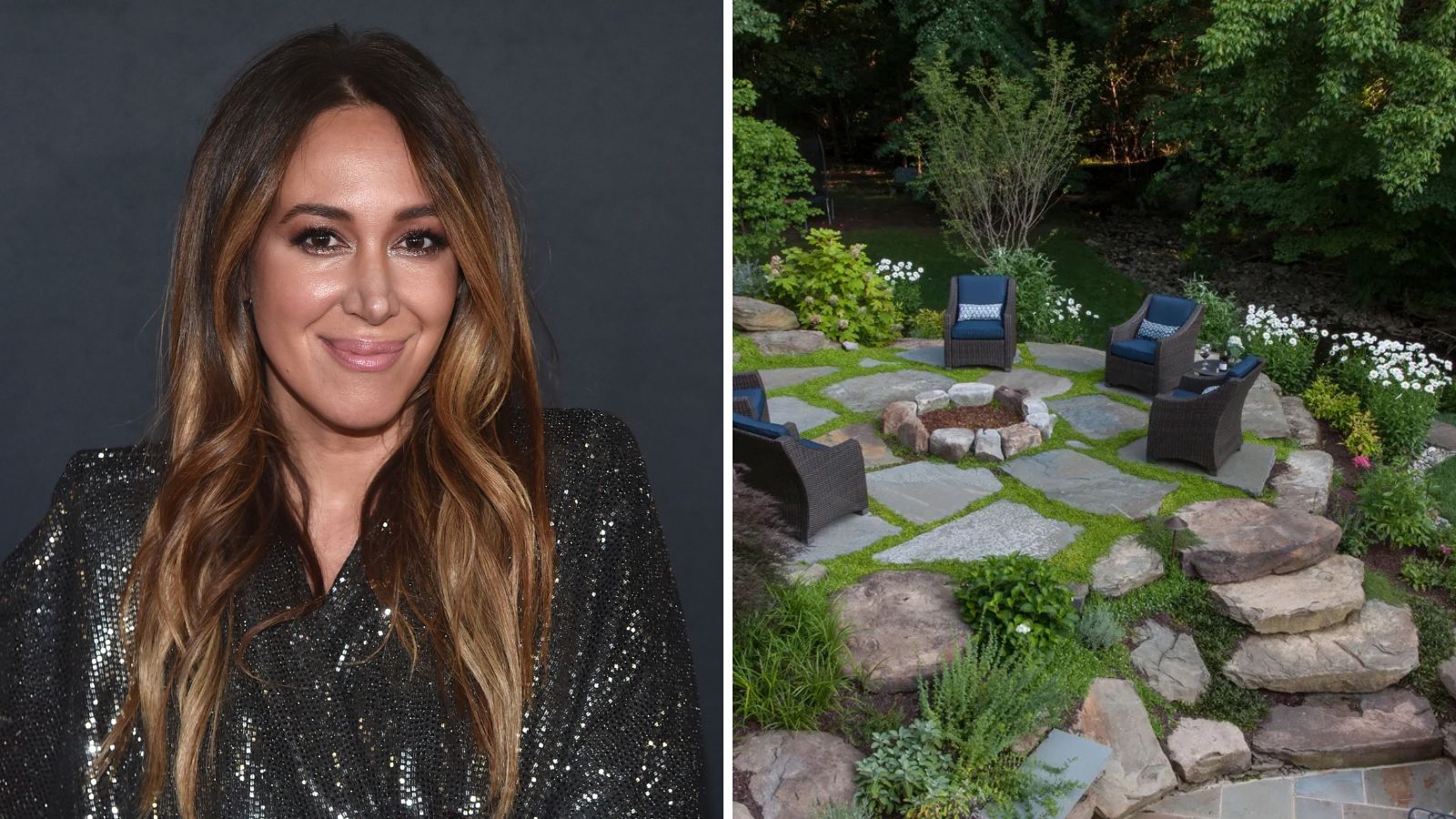a split screen with haylie duff on the left and a picture of an outdoor entertaining area on the right