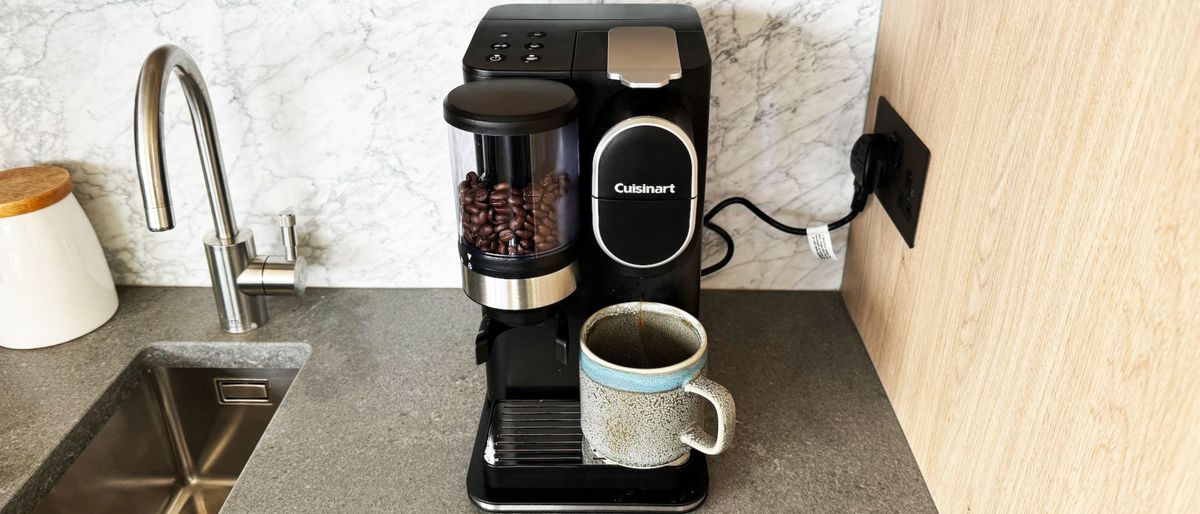 Cuisinart Grind and Brew Single Serve with a marble backsplash