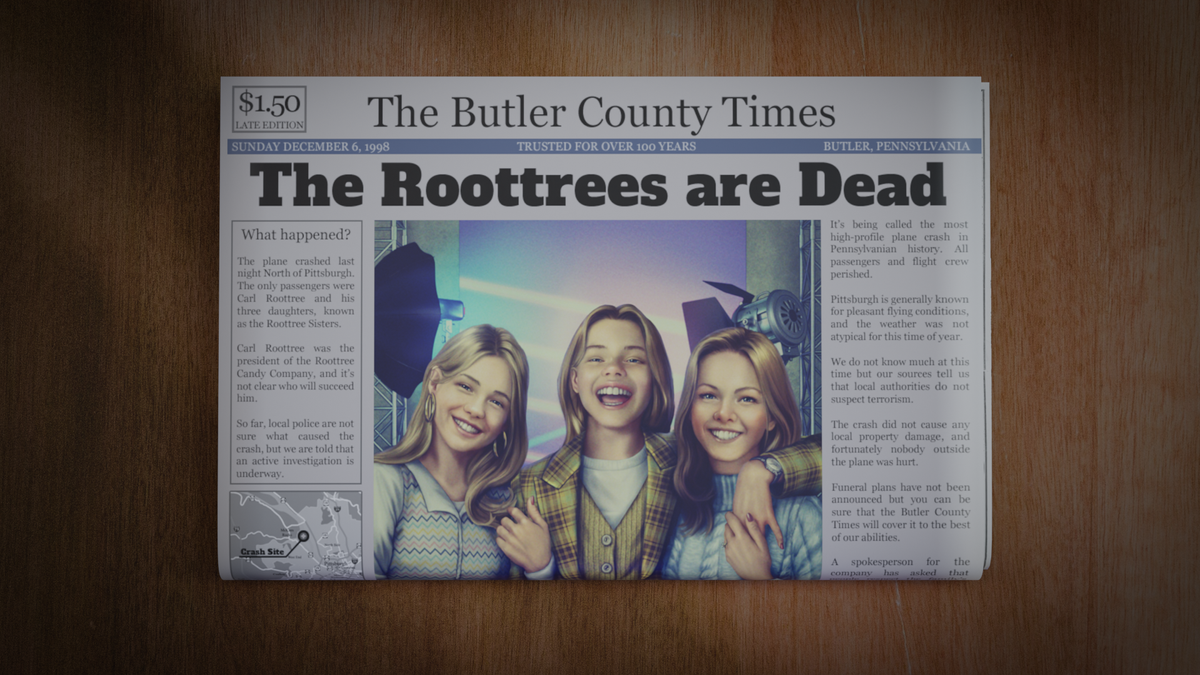 A newspaper front page showing the headline &quot;The Roottrees are Dead&quot; with a photo of three sisters.