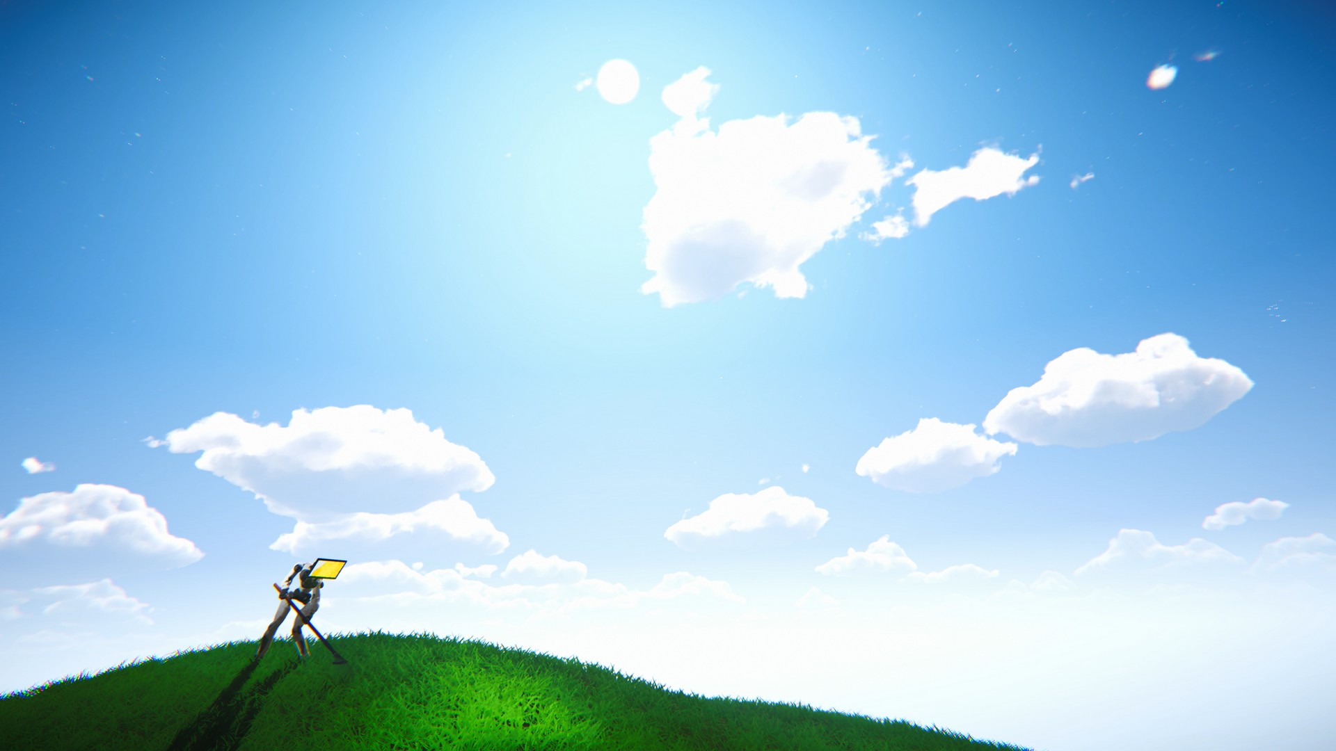 A robot trims the grass on rolling green hills under a bright blue sky in Prove You're Human