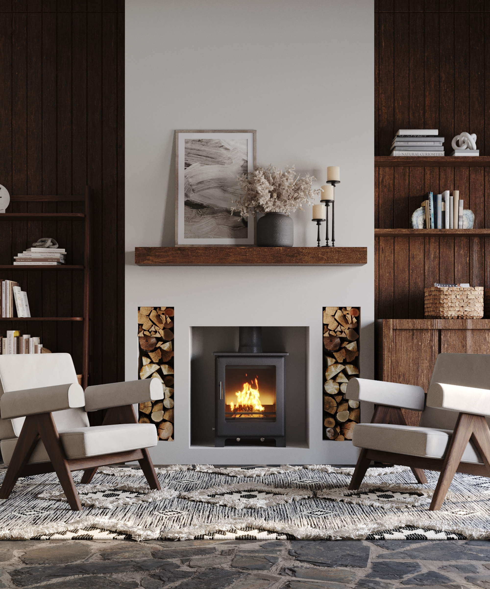 black stove inset into wall in living room with cream and wooden chairs facing stove