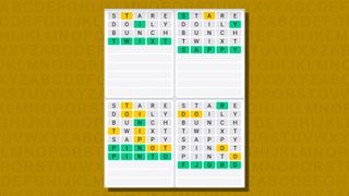 Quordle daily sequence answers for game 730 on a yellow background