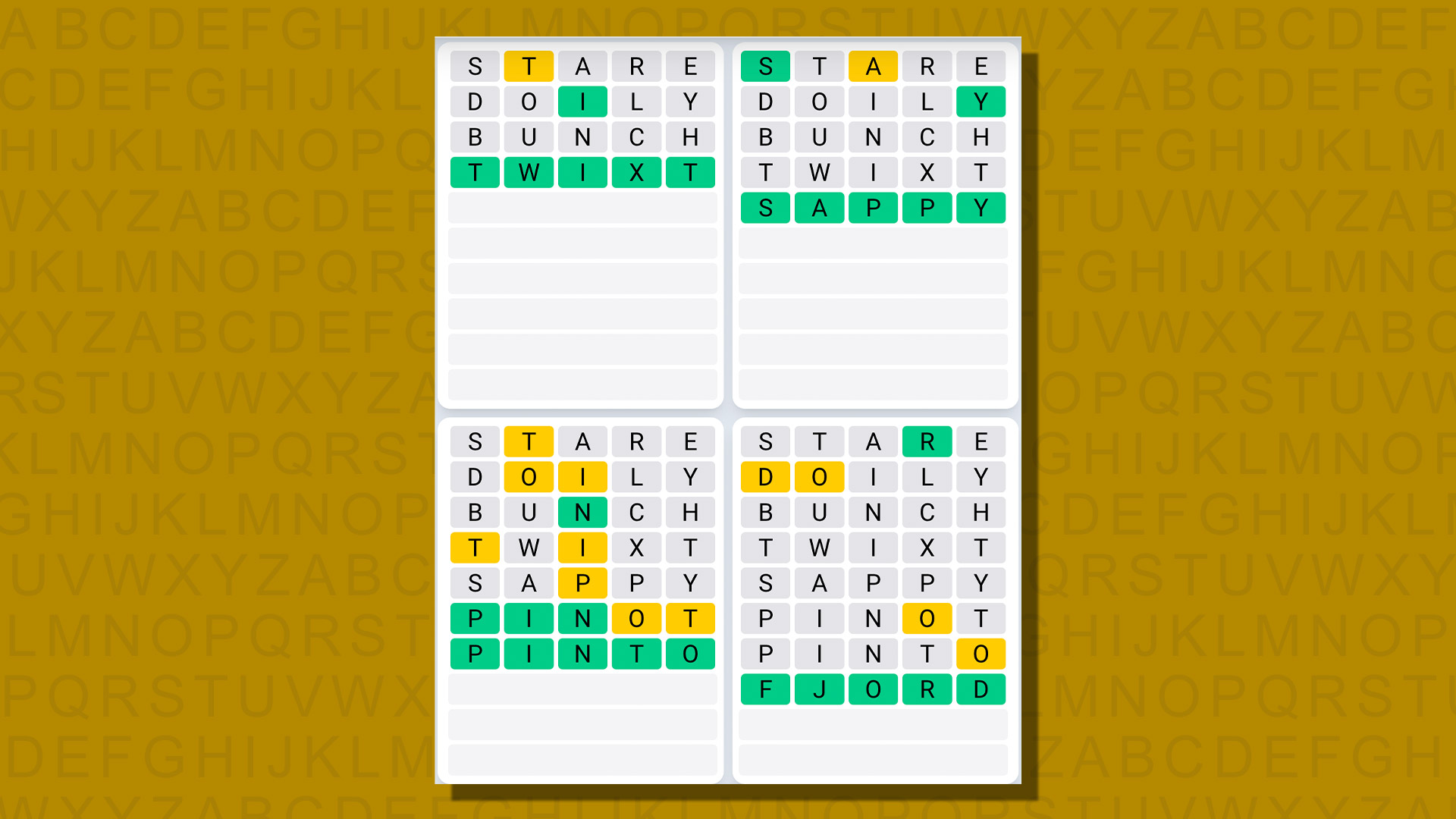 Ежедневная последовательность ответов Quordle для игры 730 на желтом фоне