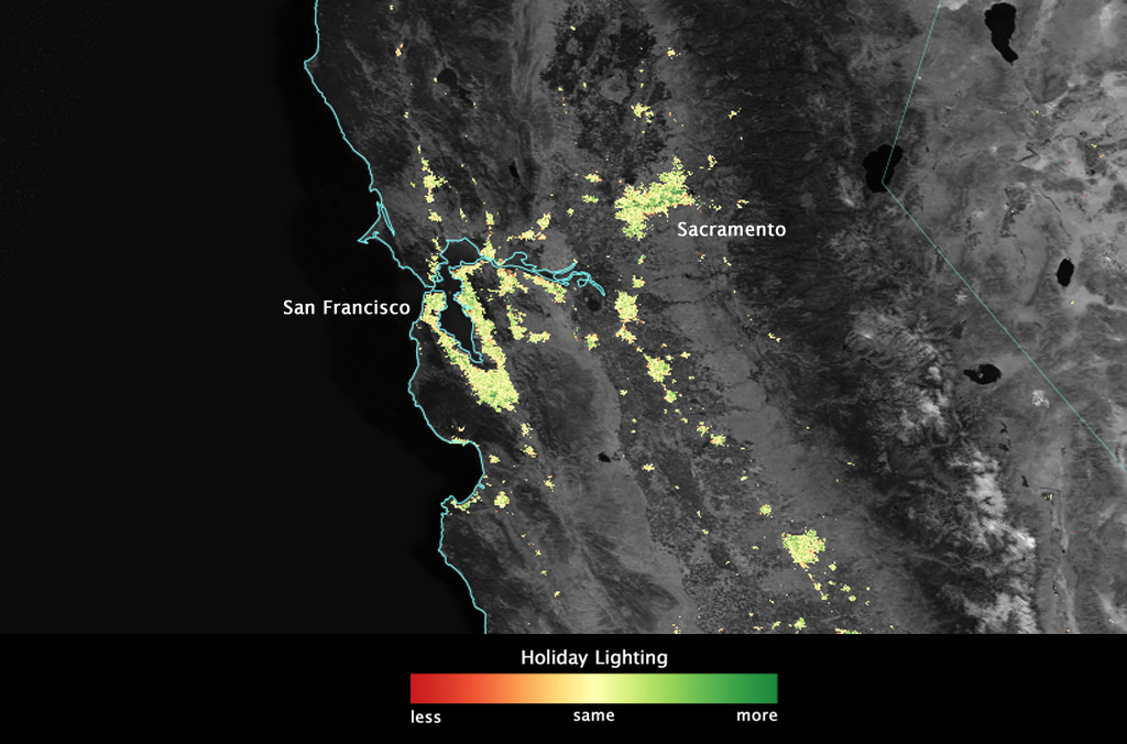 Image, created using data from the NOAA-NASA Suomi NPP satellite, showing how lights across San Francisco Bay Area shine more brightly in December than they do during the rest of the year.