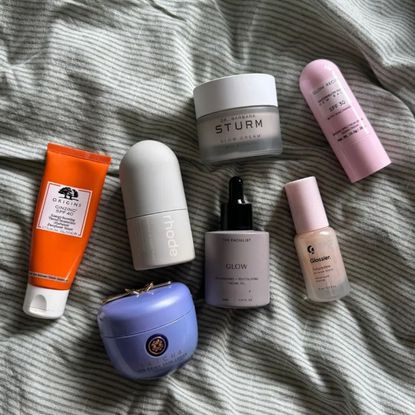 all of the products used in Rebecca's glowing skin routine