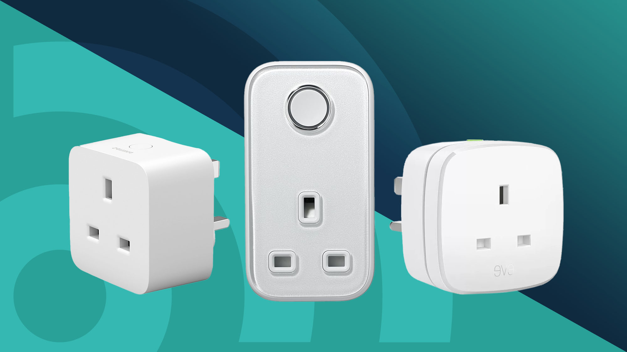Three smart plugs on teal background