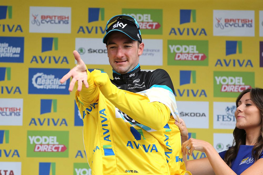 Elia Viviani in the first leader's jersey of the 2015 Tour of Britain.