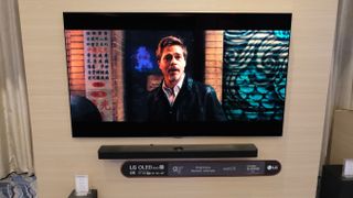 LG G5 on display at CES 2025 with Brad Pitt on screen