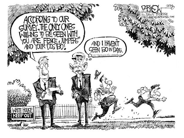 Obama cartoon polls fence jumpers dog