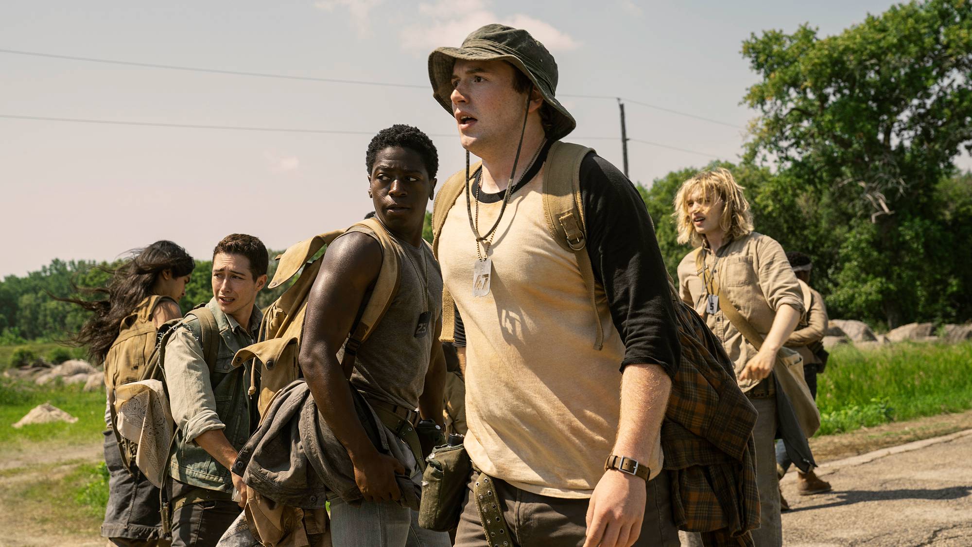 Jordan Gonzalez, David Jonsson, Cooper Hoffman, and Charlie Plummer in "The Long Walk" (2025)