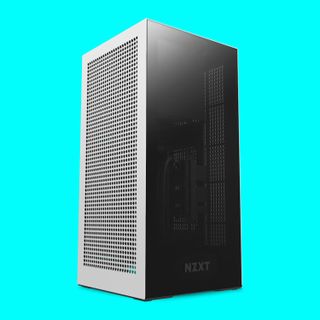 The NZXT H1 V2 mini-ITX case on a light blue background