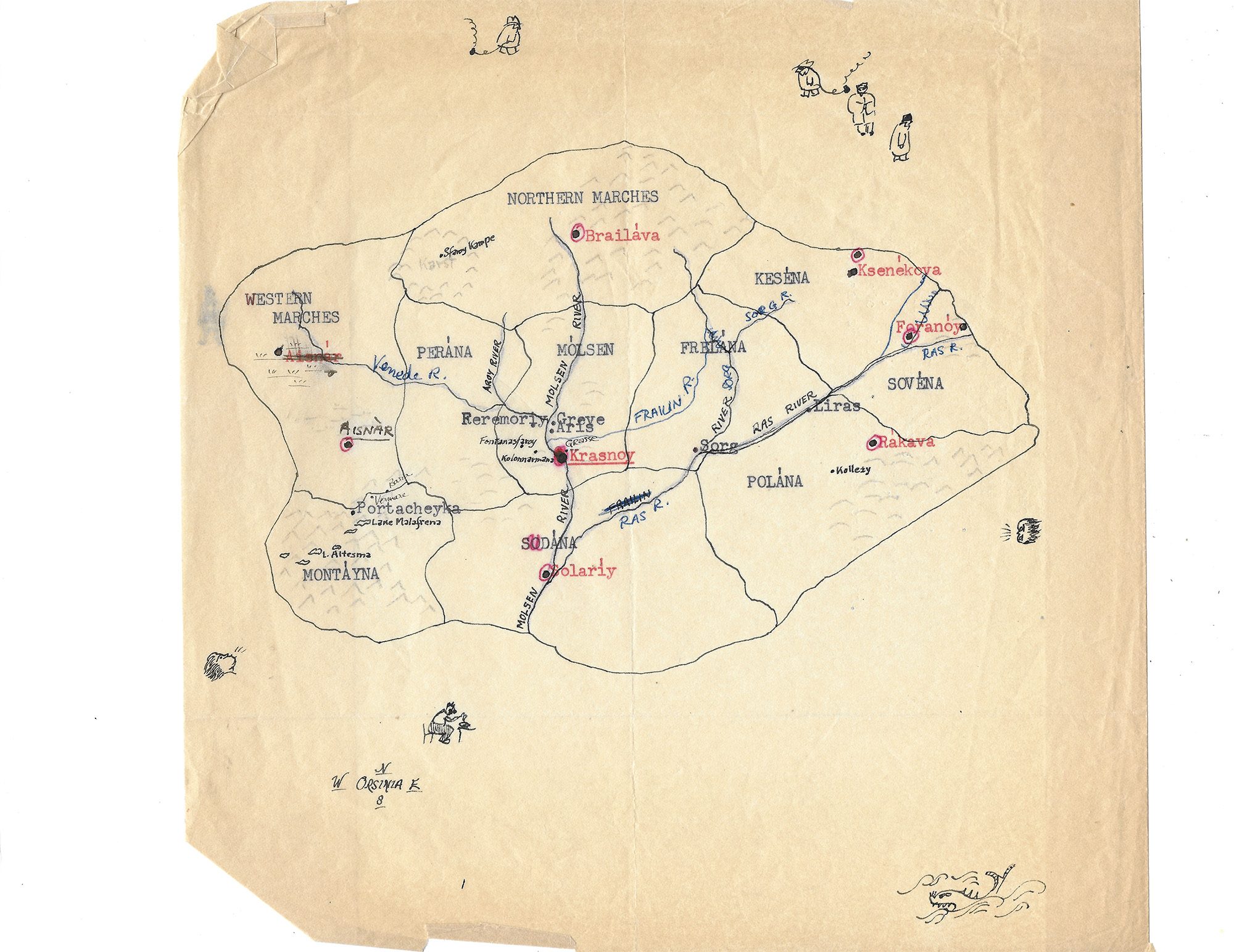 Orsinia, the Ten Provinces, unpublished, for Malafrena, 1979, Ink and typewriter text on tracing paper, Courtesy Ursula K Le Guin Foundation