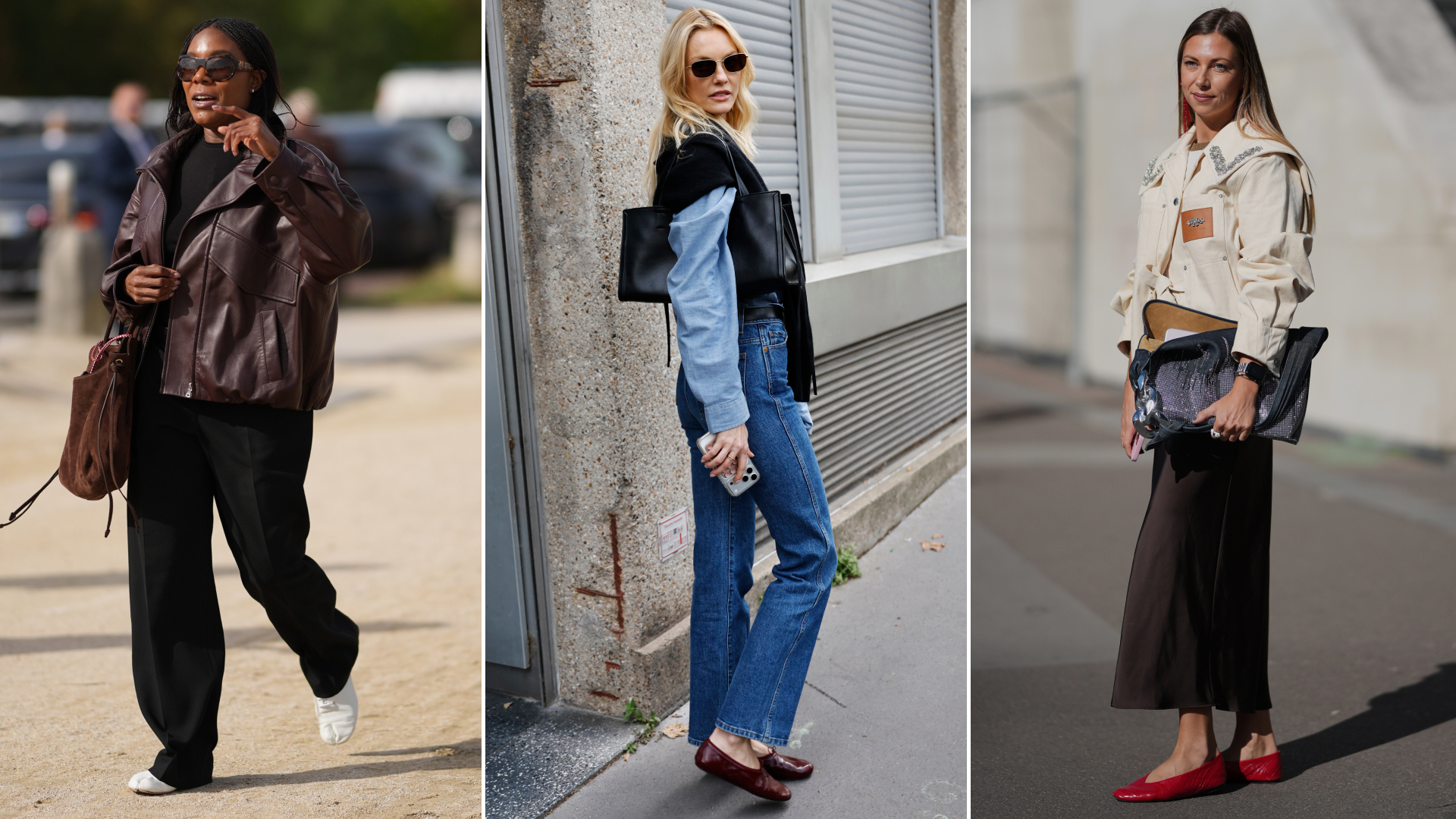 collage of French girls wearing ballet flats and Mary Janes at Paris Fashion Week