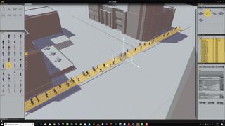 Yellow pathway populated with walking people