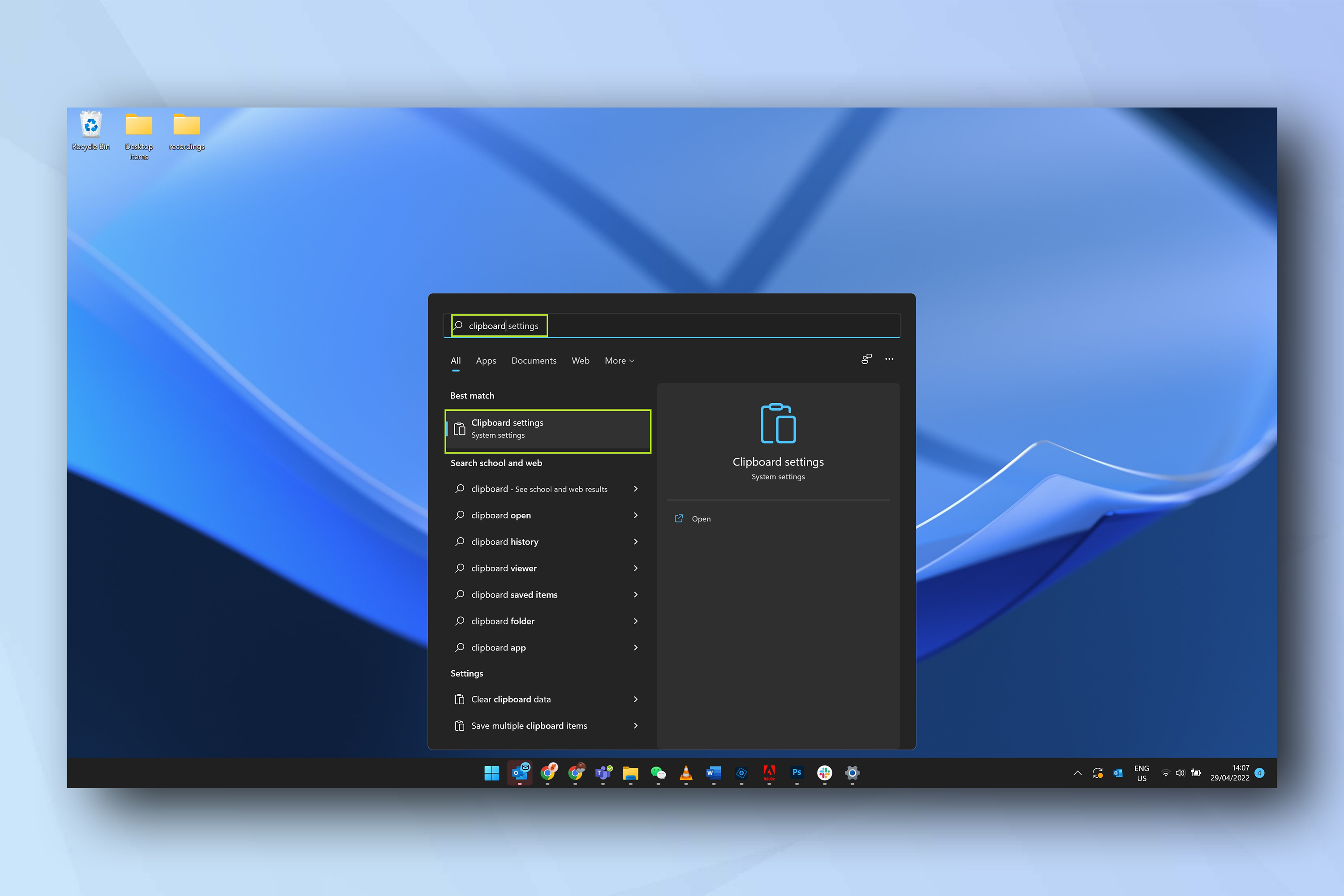 Windows 11 Start menu showing how to turn on clipboard history in Windows
