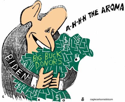 Political Cartoon U.S. Joe Biden big bucks donors