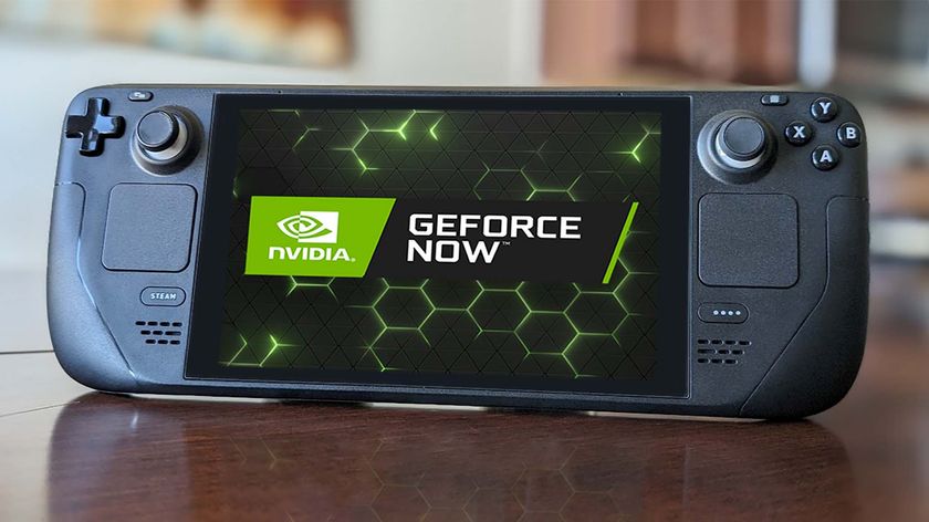 NVIDIA GeForce NOW running on a Steam Deck resting upright on a table. 