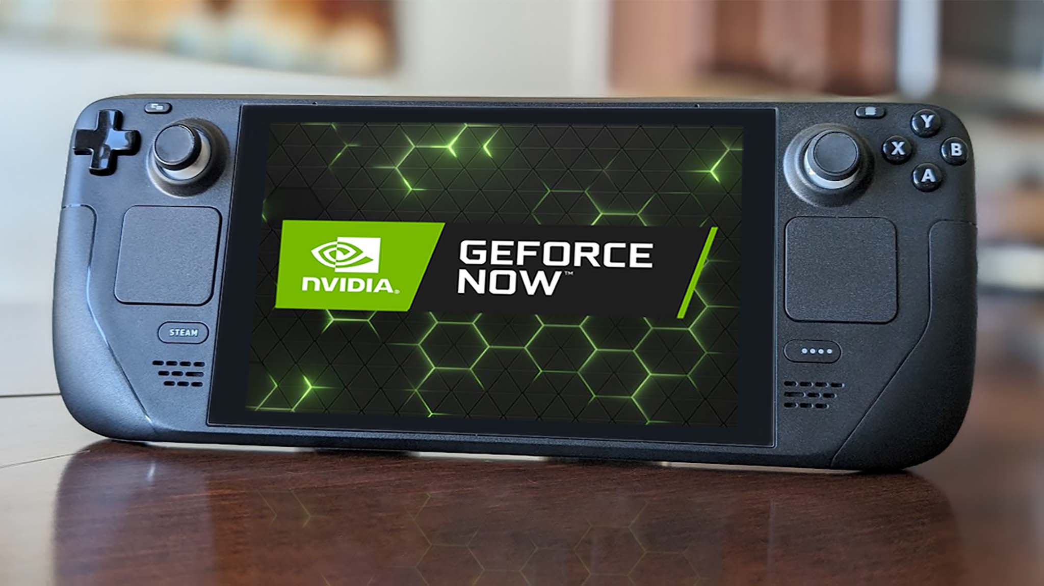 NVIDIA GeForce NOW running on a Steam Deck resting upright on a table.