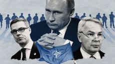 A composite illustration of Alexander Stubb, ‎Pekka Haavisto and Vladimir Putin