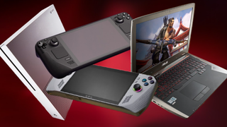 An image of various portable PC gaming options on a red backdrop.