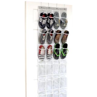 Over the door shoe organizer filled with shoes