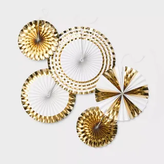 Gold and white paper wheel decorations