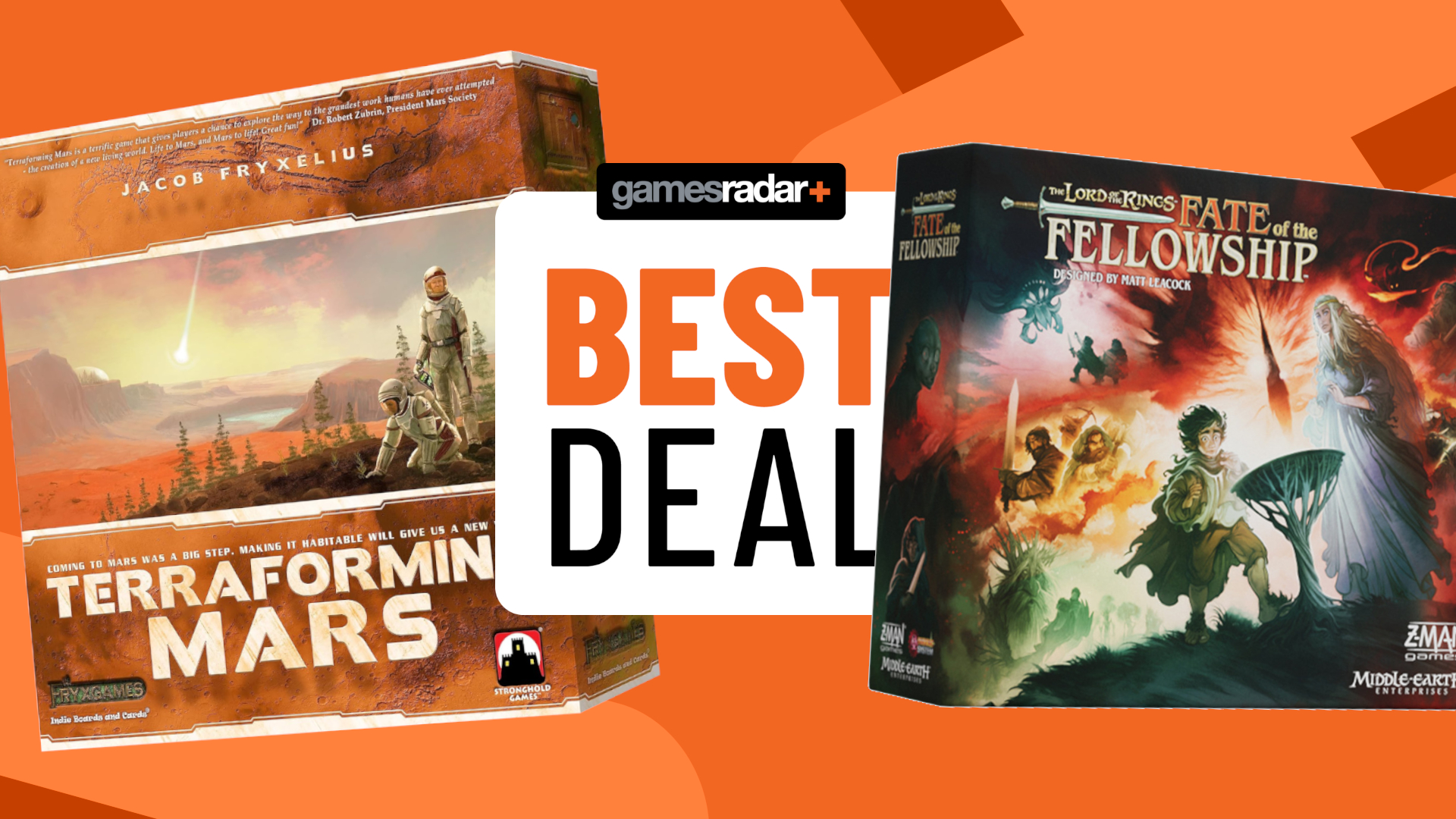Terraforming Mars and Fate of the Fellowship boxes on either side of a GamesRadar+ &#039;best deal&#039; badge, all against an orange background