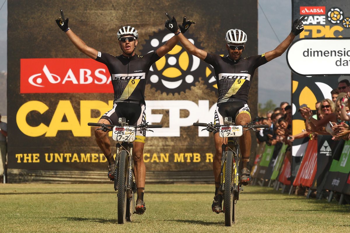 Matthys Beukes and Philip Buys of Scott Factory Racing celebrate winning the 111km Stage 4 during stage 4 of the 2015 Absa Cape Epic
