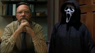 Matthew Lillard sits with his chin propped on his hands in Five Nights at Freddy's, shown next to Ghostface stalking its prey in Scream. 