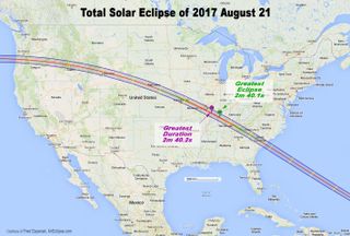 The path of the total solar eclipse of 2017. Locations within the path of totality will experience up to 2 minutes and 40 seconds of darkness.
