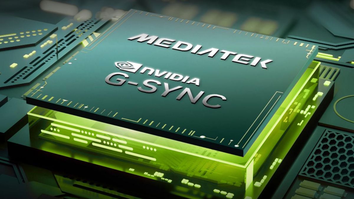 A stylised render of an Nvidia-MediaTek G-Sync scaler chip for monitors