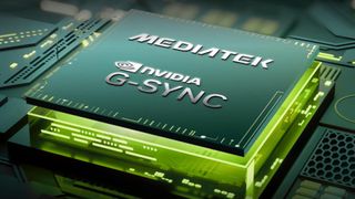 A stylised render of an Nvidia-MediaTek G-Sync scaler chip for monitors