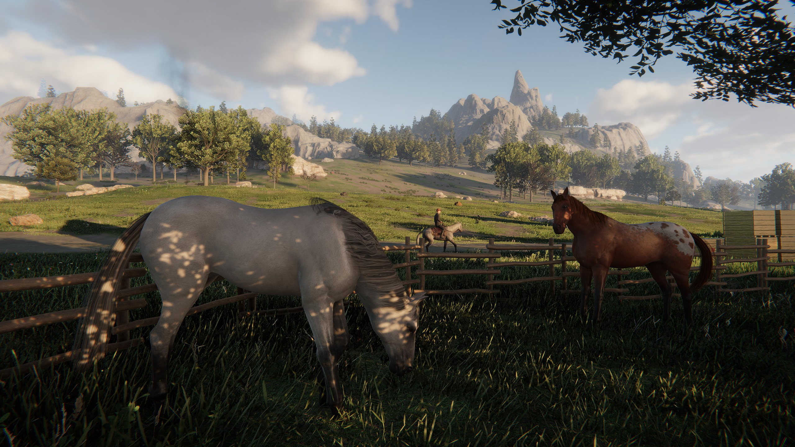 Two horses standing in a farm in front of a mountain in CrisisX