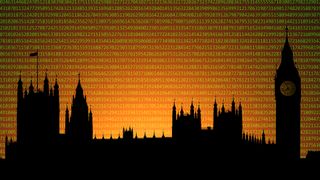 Silhouette of houses of parliament with green numbers overlayed.